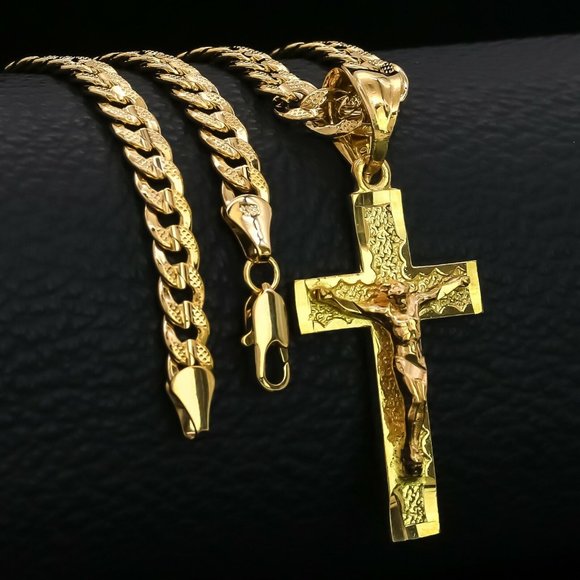 18kt Cross Cuban Frost Necklace - Picture 1 of 4